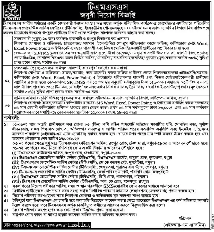 টিএমএসএস জব সার্কুলার ২০২৫ (২,৯০০ পদ) www.tmss-bd.org 2 tmss job circular 2025